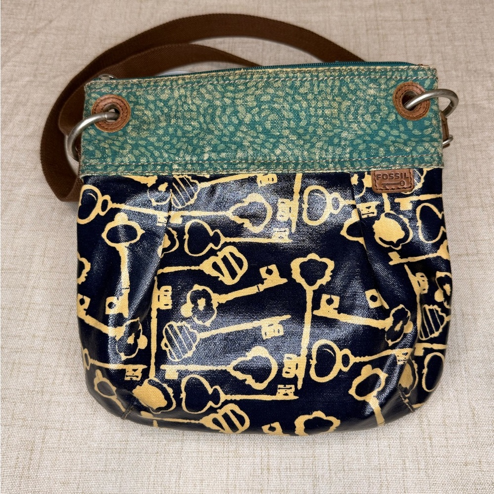 Fossil Navy & Teal Key-Print Crossbody Bag